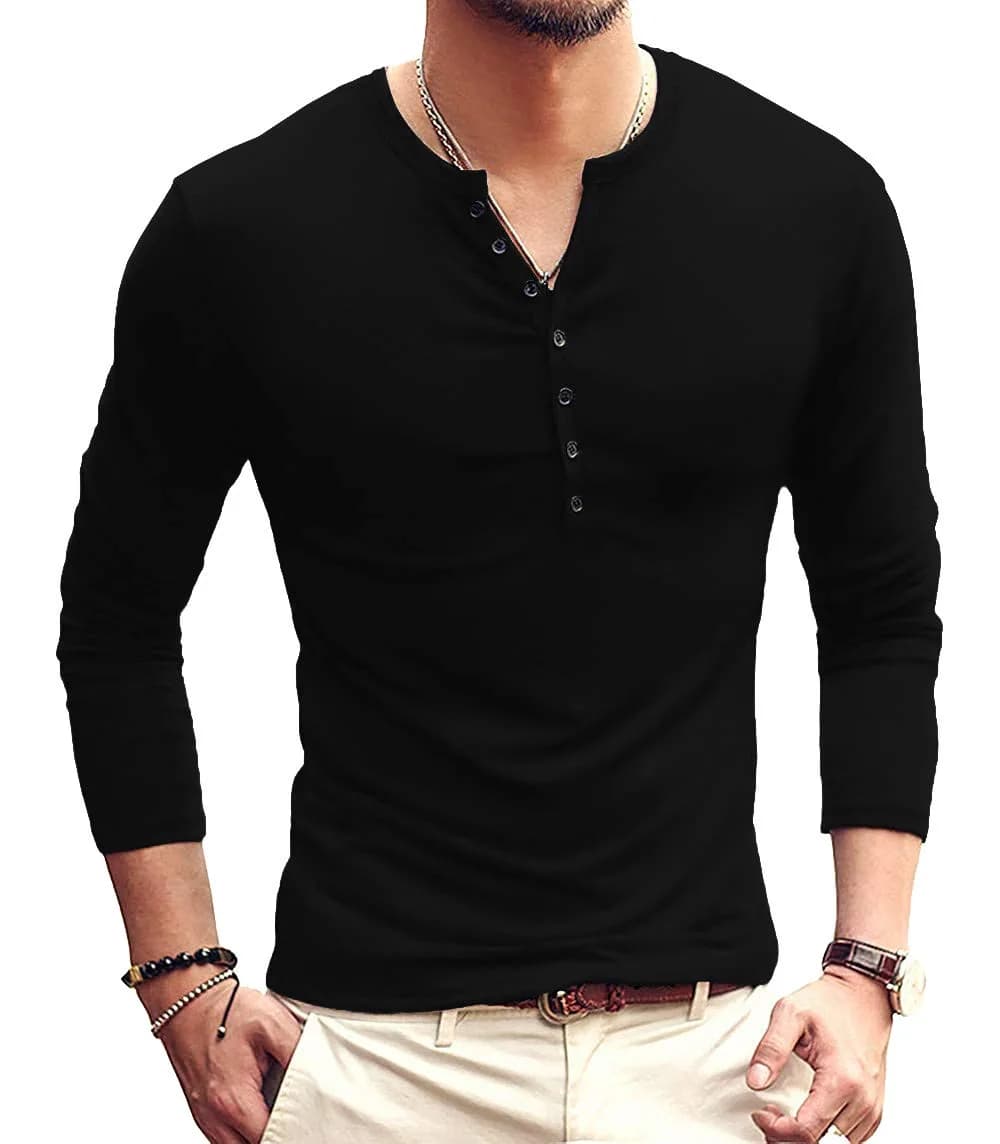 YTD Mens Casual Slim Fit Basic Henley Long Sleeve Fashion T-Shirt XL White | Comfortable Slim Fit Cotton Blend — 01 Long Sleeve Black