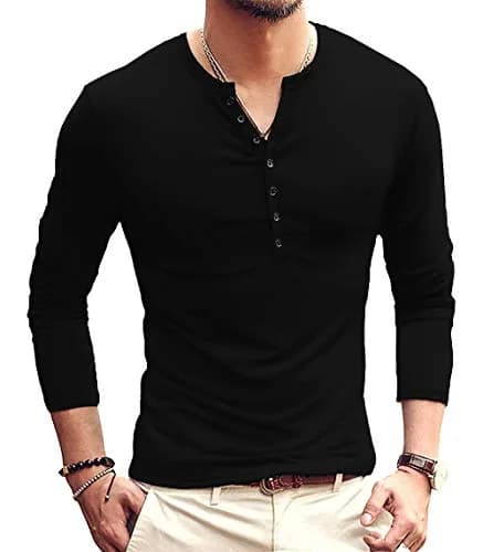 YTD Mens Casual Slim Fit Basic Henley Long Sleeve Fashion T-Shirt M Black | Comfortable Cotton Blend thumbnail 1