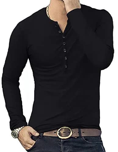 YTD Mens Casual Slim Fit Basic Henley Long Sleeve Fashion T-Shirt M Black | Comfortable Cotton Blend thumbnail 5