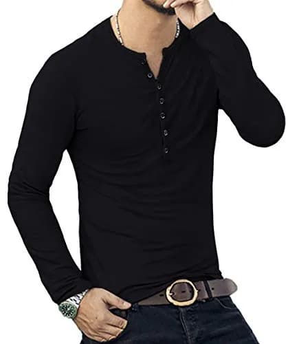 YTD Mens Casual Slim Fit Basic Henley Long Sleeve Fashion T-Shirt M Black | Comfortable Cotton Blend thumbnail 6
