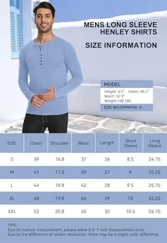 YTD Mens Casual Slim Fit Basic Henley Long Sleeve Fashion T-Shirt M Black | Comfortable Cotton Blend thumbnail 7