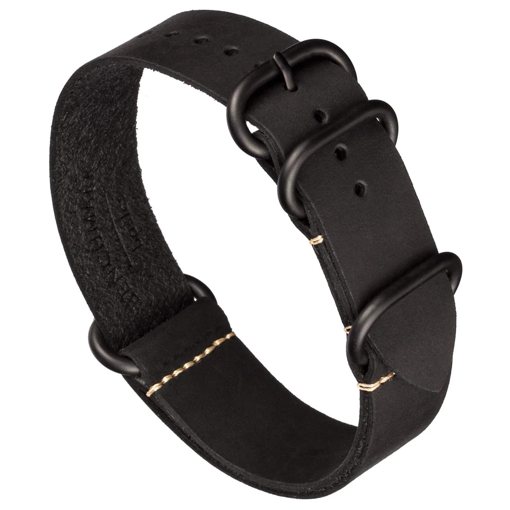 Benchmark Basics Leather Watch Band - Crazy Horse Oiled Leather 20mm | Slip-Through, Rustic Finish — Black - Black PVD Hardware