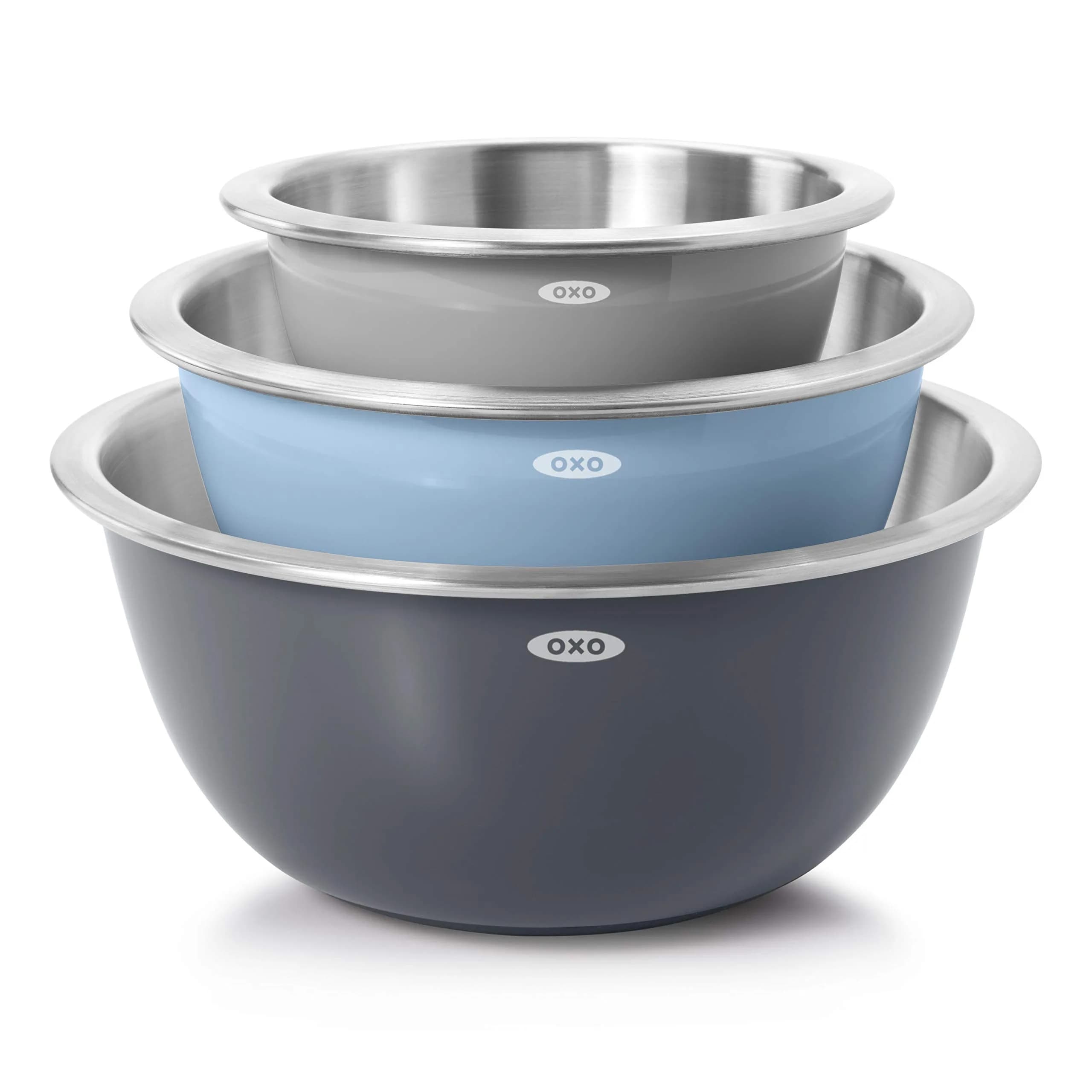 OXO Good Grips 3-Piece Stainless Steel Mixing Bowl Set - 1.9L (1.5 Qt), 2.8L (3 Qt), 4.7L (5 Qt) | Blue & Gray
