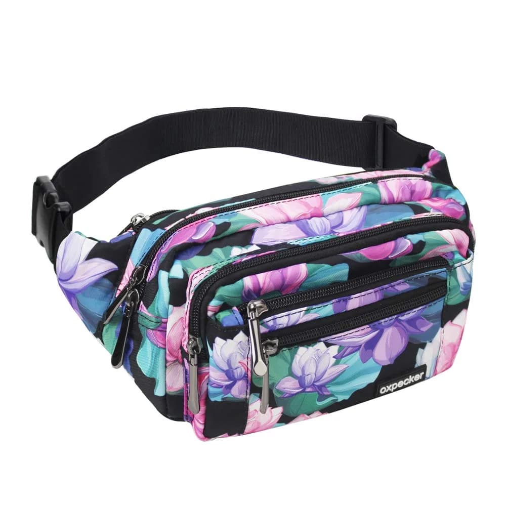 Oxpecker Waist Pack Bag Black Base Floral with Rain Cover 25.4cm (10in) | 5 Pockets, Adjustable Strap, Waterproof — Black Base Floral
