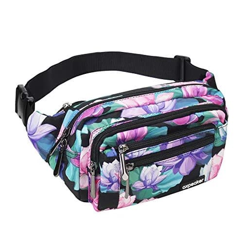 Oxpecker Waist Pack Bag Black Base Floral with Rain Cover 25.4cm (10in) | 5 Pockets, Adjustable Strap, Waterproof thumbnail 1