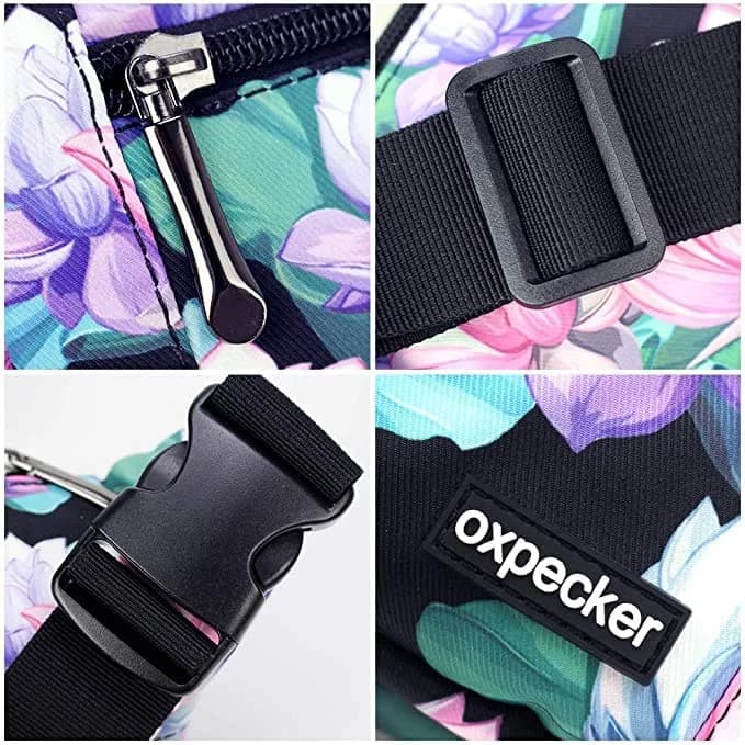 Oxpecker Waist Pack Bag Black Base Floral with Rain Cover 25.4cm (10in) | 5 Pockets, Adjustable Strap, Waterproof thumbnail 3