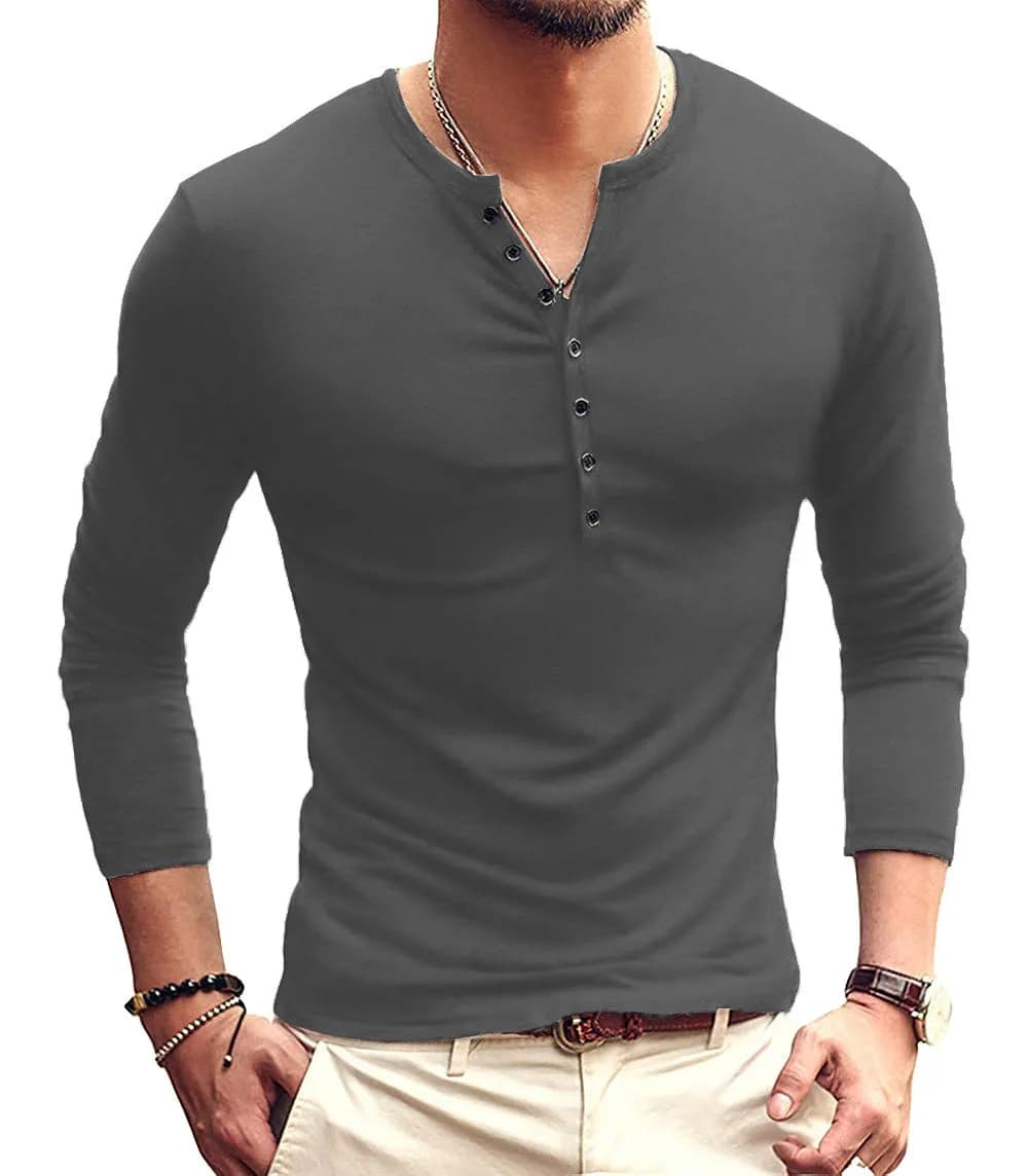YTD Mens Casual Slim Fit Henley Long Sleeve T-Shirt XL Dark Gray | Comfortable, Slim Fit, Lightweight — 06 Long Sleeve Dark Gray