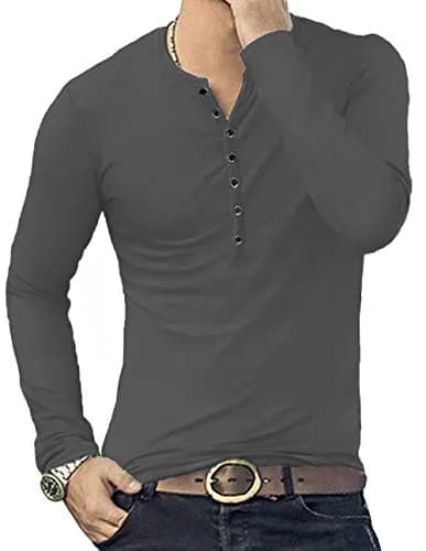 YTD Mens Casual Slim Fit Henley Long Sleeve T-Shirt XL Dark Gray | Comfortable, Slim Fit, Lightweight thumbnail 5