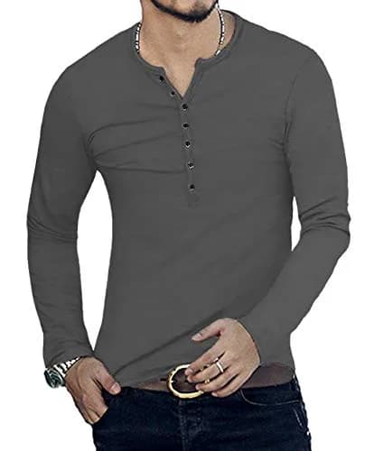 YTD Mens Casual Slim Fit Henley Long Sleeve T-Shirt XL Dark Gray | Comfortable, Slim Fit, Lightweight thumbnail 3