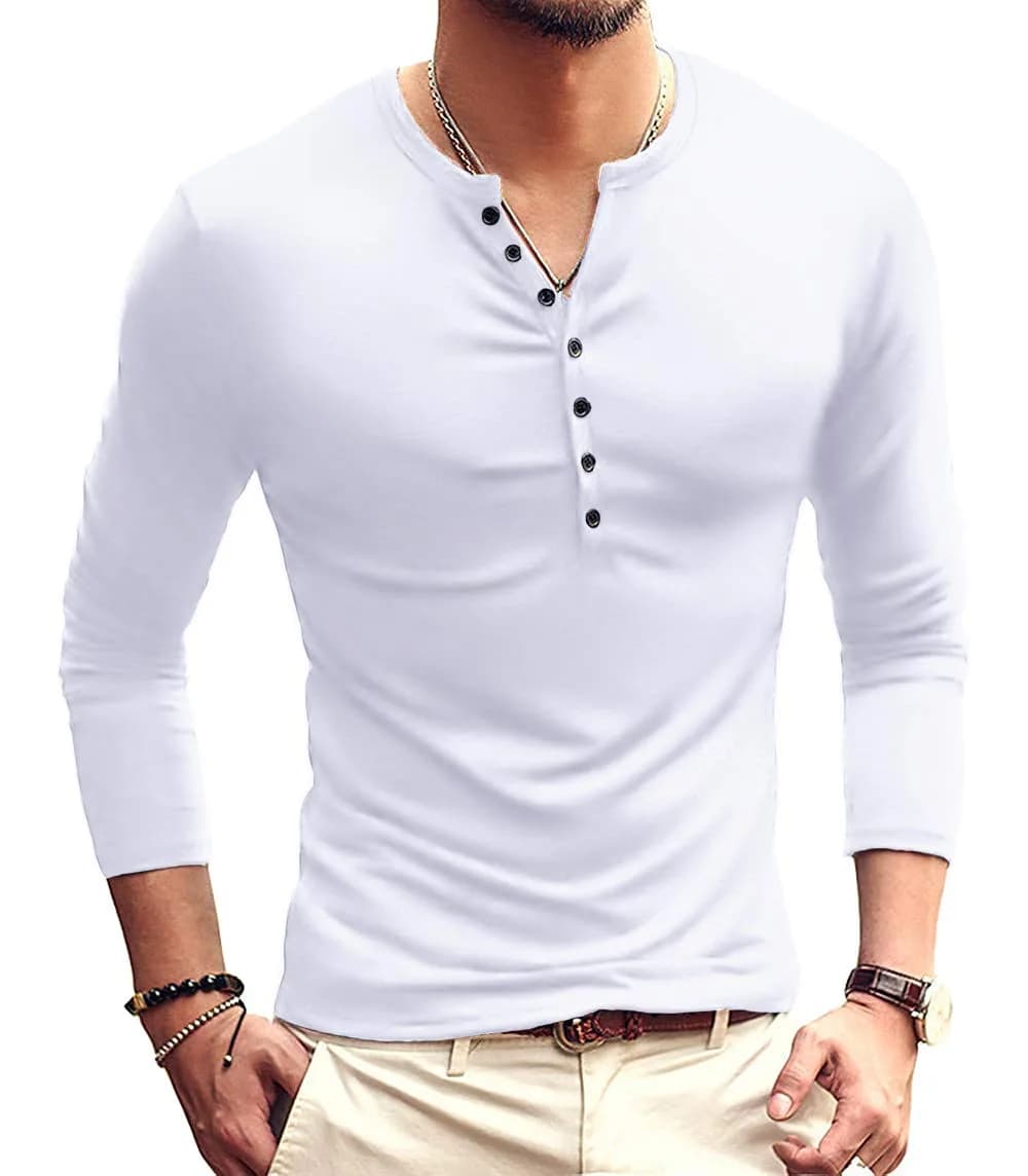 YTD Mens Casual Slim Fit Basic Henley Long Sleeve Fashion T-Shirt XL White | Comfortable Slim Fit Cotton Blend — 02 Long Sleeve White
