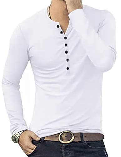 YTD Mens Casual Slim Fit Basic Henley Long Sleeve Fashion T-Shirt XL White | Comfortable Slim Fit Cotton Blend thumbnail 5