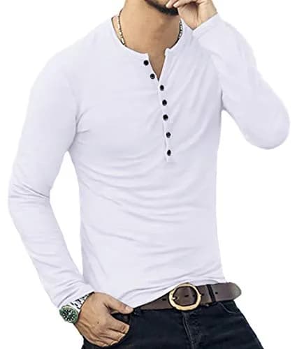 YTD Mens Casual Slim Fit Basic Henley Long Sleeve Fashion T-Shirt XL White | Comfortable Slim Fit Cotton Blend thumbnail 6