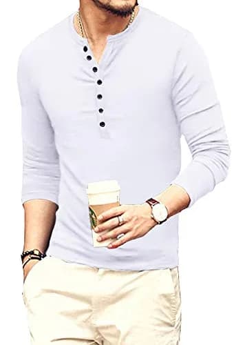 YTD Mens Casual Slim Fit Basic Henley Long Sleeve Fashion T-Shirt XL White | Comfortable Slim Fit Cotton Blend thumbnail 2