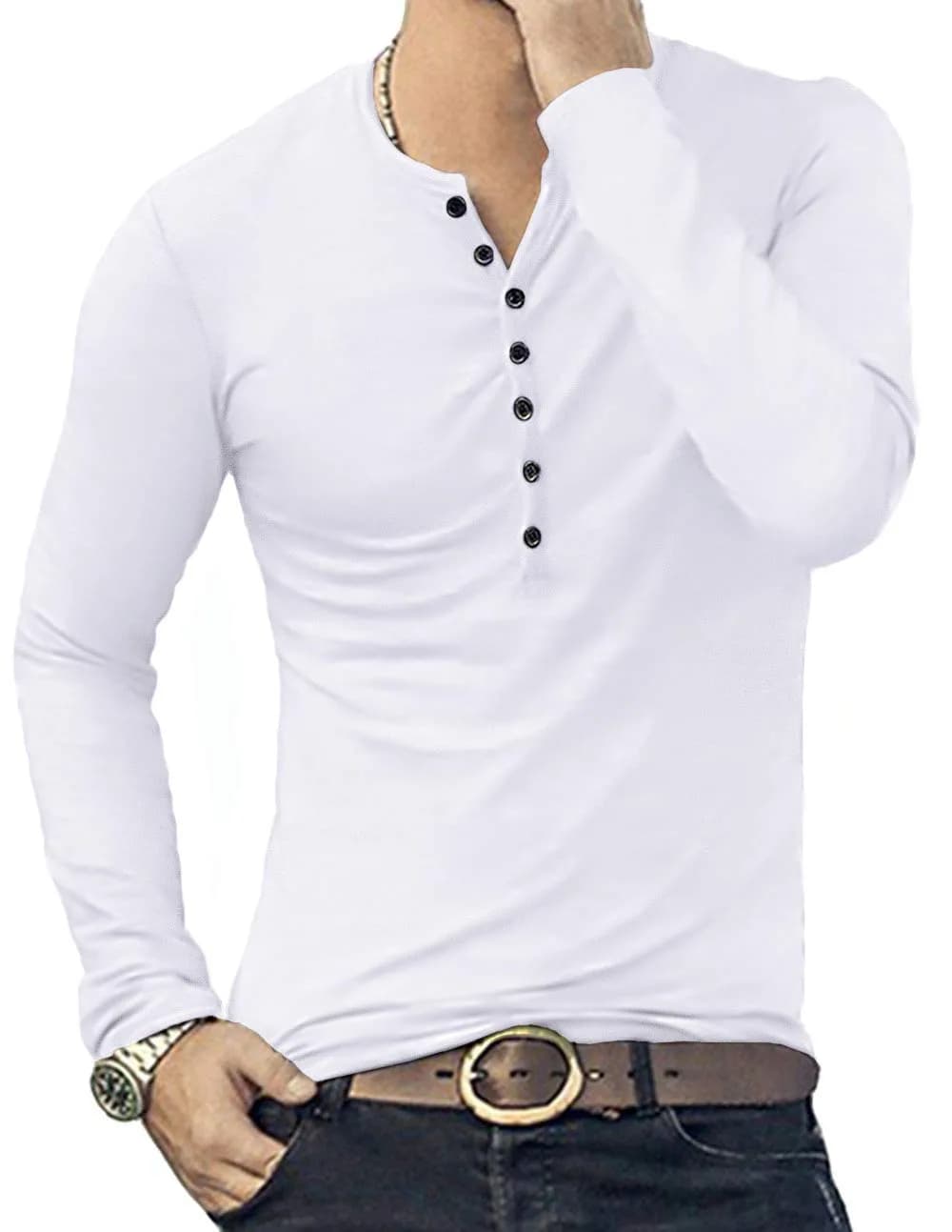 YTD Mens Casual Slim Fit Henley Long Sleeve T-Shirt White | Comfortable, Slim Fit, Cotton Blend (70-120 chars) thumbnail 5