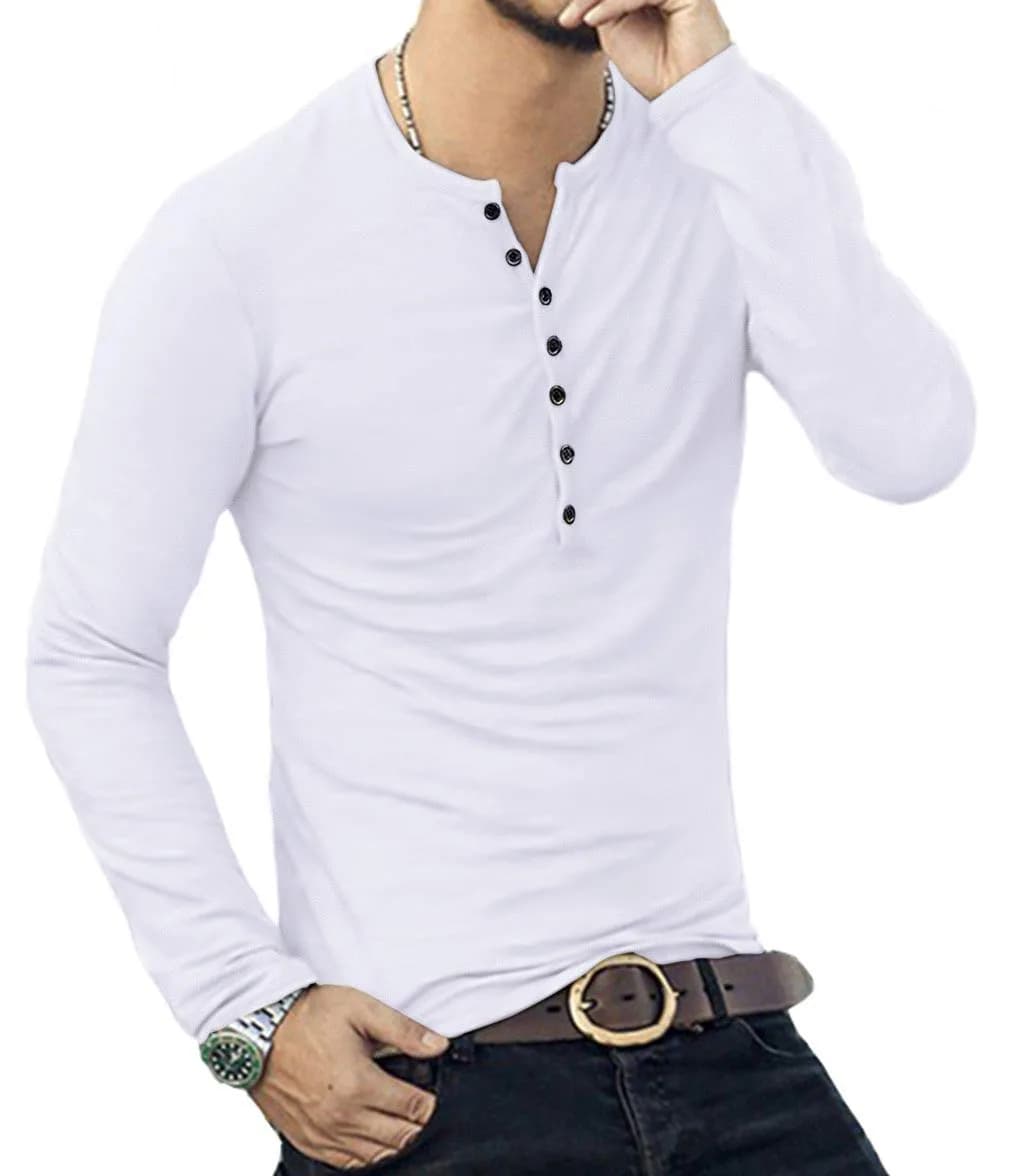 YTD Mens Casual Slim Fit Henley Long Sleeve T-Shirt White | Comfortable, Slim Fit, Cotton Blend (70-120 chars) thumbnail 6