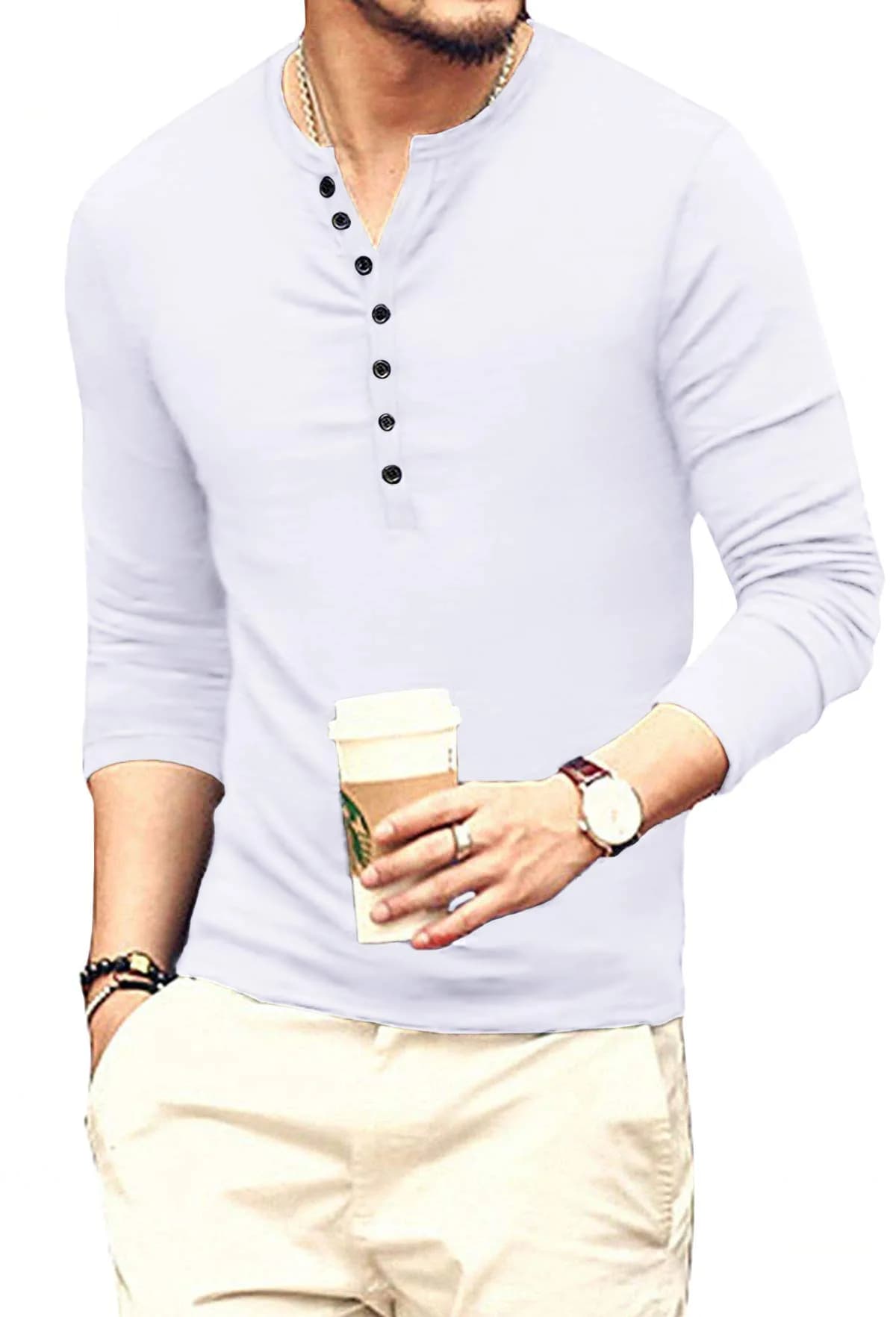 YTD Mens Casual Slim Fit Henley Long Sleeve T-Shirt White | Comfortable, Slim Fit, Cotton Blend (70-120 chars) thumbnail 2