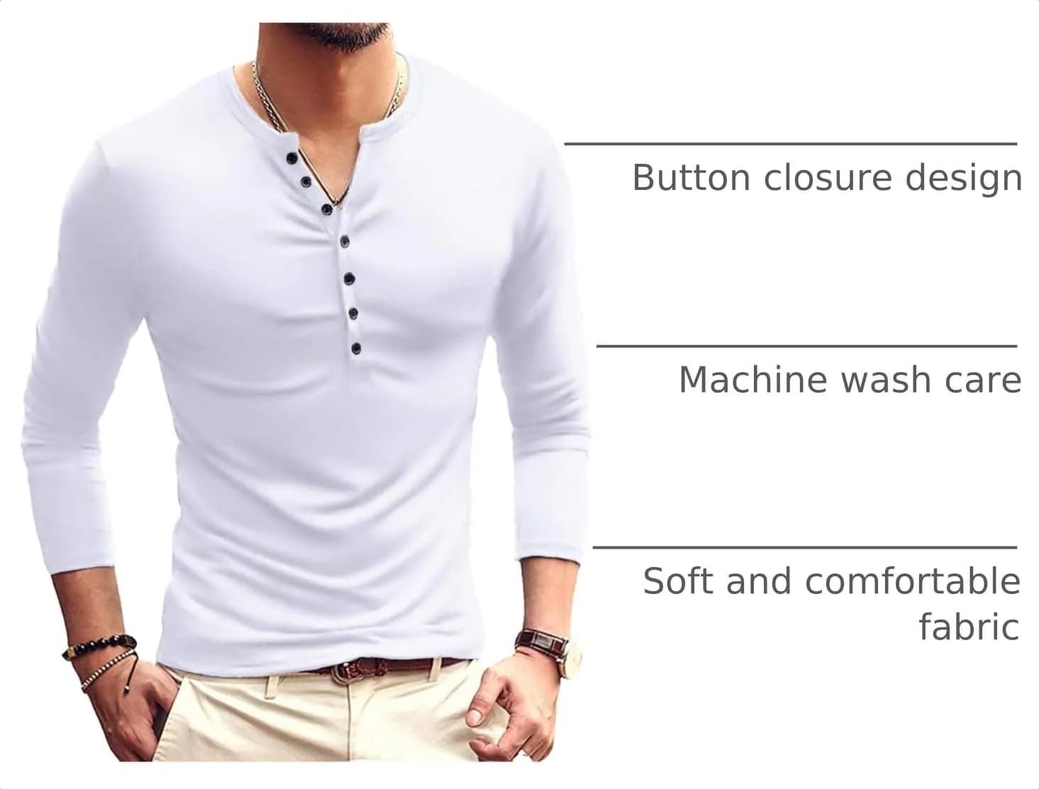 YTD Mens Casual Slim Fit Henley Long Sleeve T-Shirt White | Comfortable, Slim Fit, Cotton Blend (70-120 chars) thumbnail 4