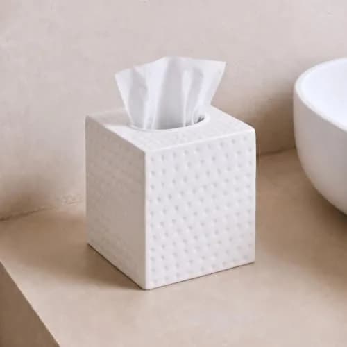 Monarch Abode Hand Hammered White Metal Tissue Box Cover Square | Aesthetic Decorative Facial Napkin Cube for Modern Home Decor thumbnail 3