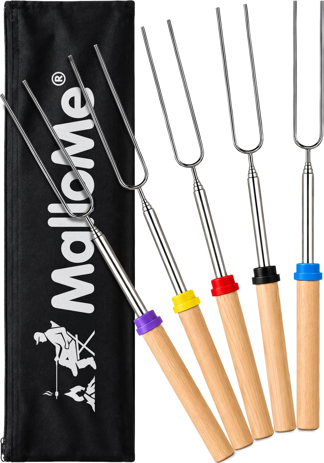 MalloMe 32" Telescoping Marshmallow Roasting Sticks (5 Pack, Silver) | Heavy Duty Stainless Steel Forks for Campfire Cooking — 5 Fork Set (with Pouch)