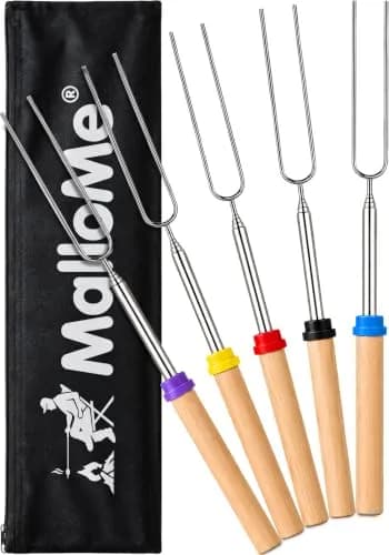 MalloMe 32" Telescoping Marshmallow Roasting Sticks (5 Pack, Silver) | Heavy Duty Stainless Steel Forks for Campfire Cooking thumbnail 1