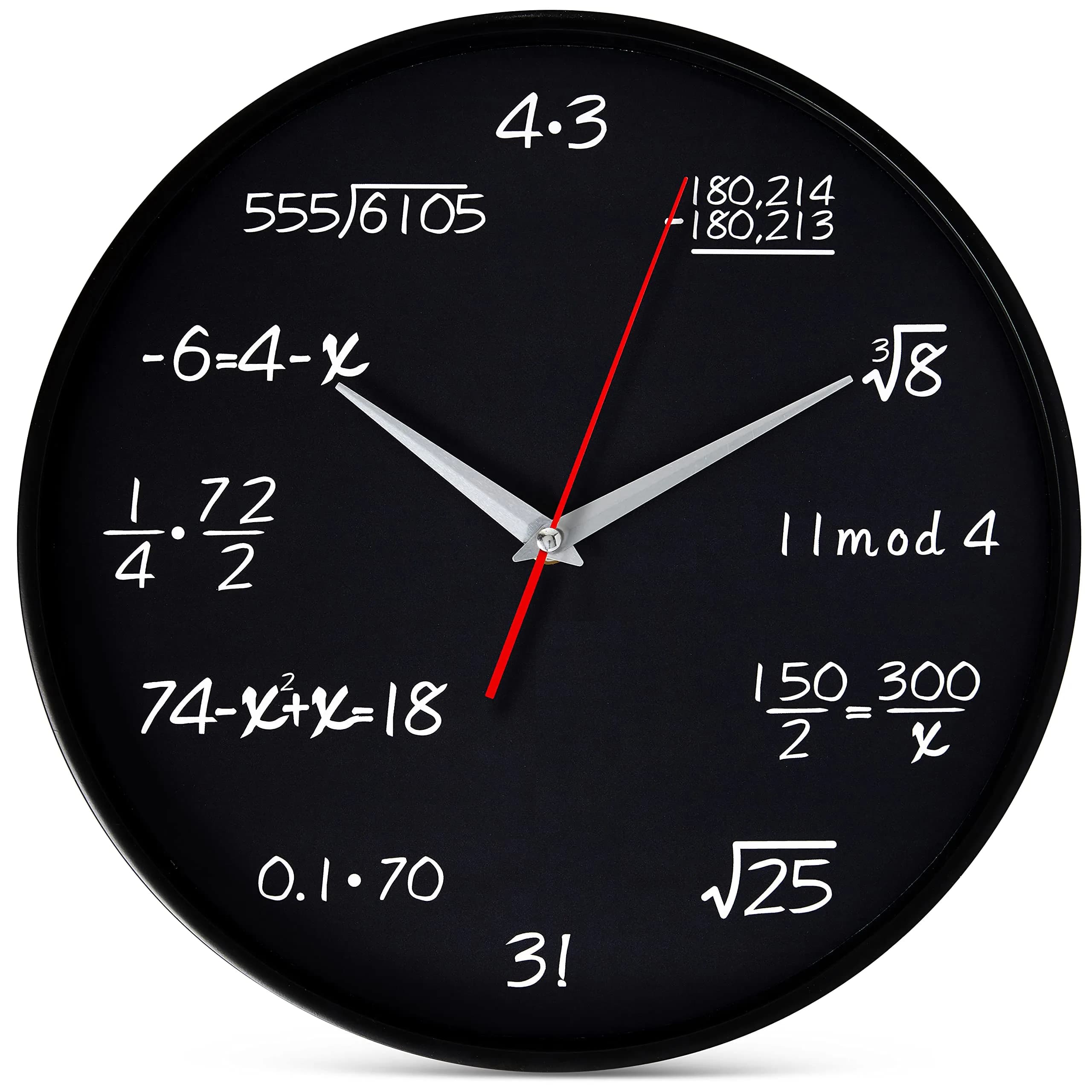 Bernhard Products Math Wall Clock Black 12 Inch Silent Non-Ticking | Unique Gift for Educators & Students — Math Equations