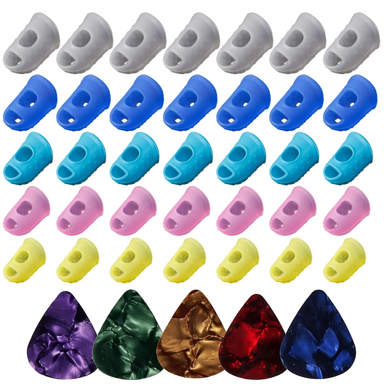 AUGSUN Silicone Guitar Finger Guards 5 Sizes & 5 Celluloid Picks | Pain Relief for Beginners - main product image