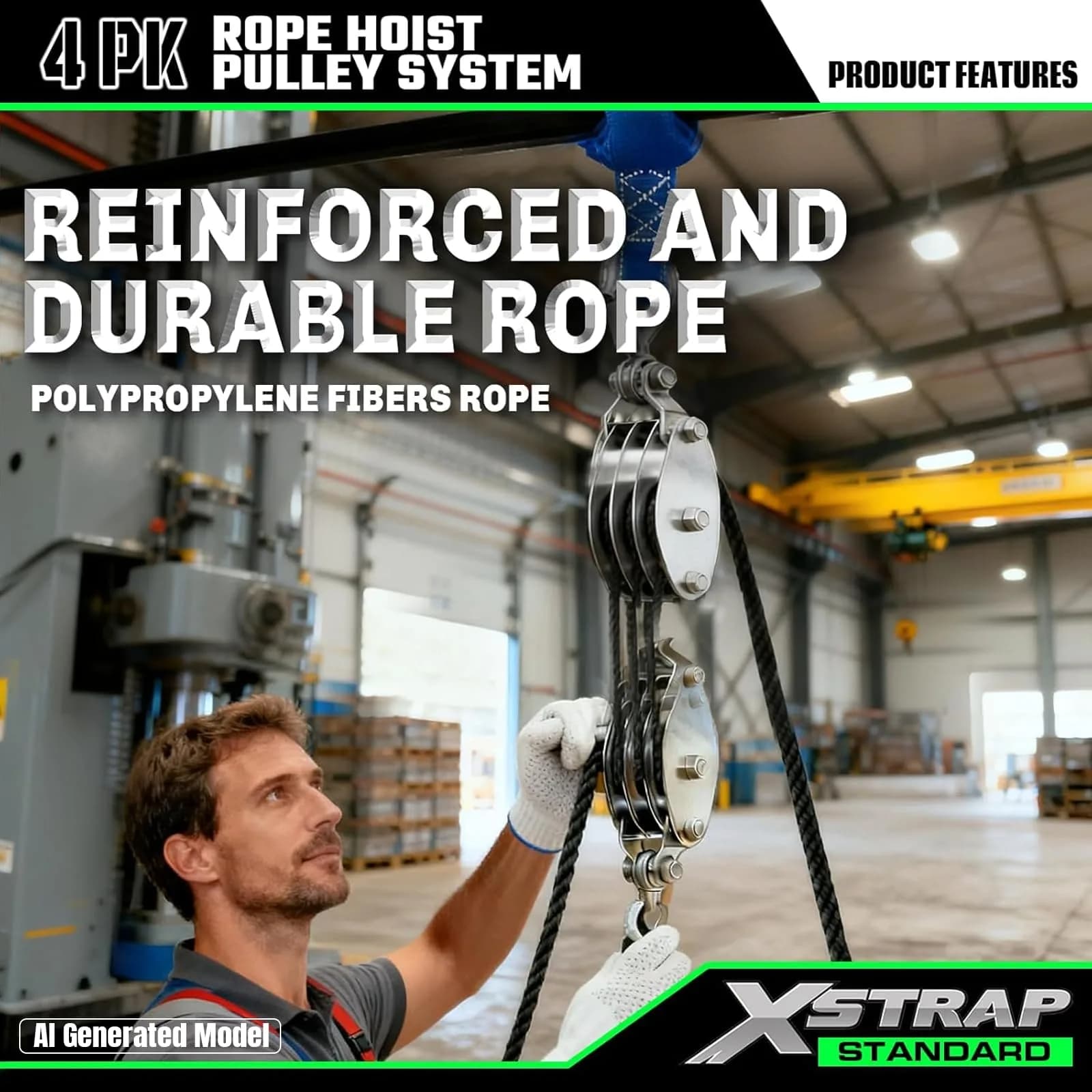 XSTRAP STANDARD Heavy-Duty Rope Hoist 50 ft (15.24 m) | 1000 lb Load Capacity, 2000 lb Breaking Strength - view 6