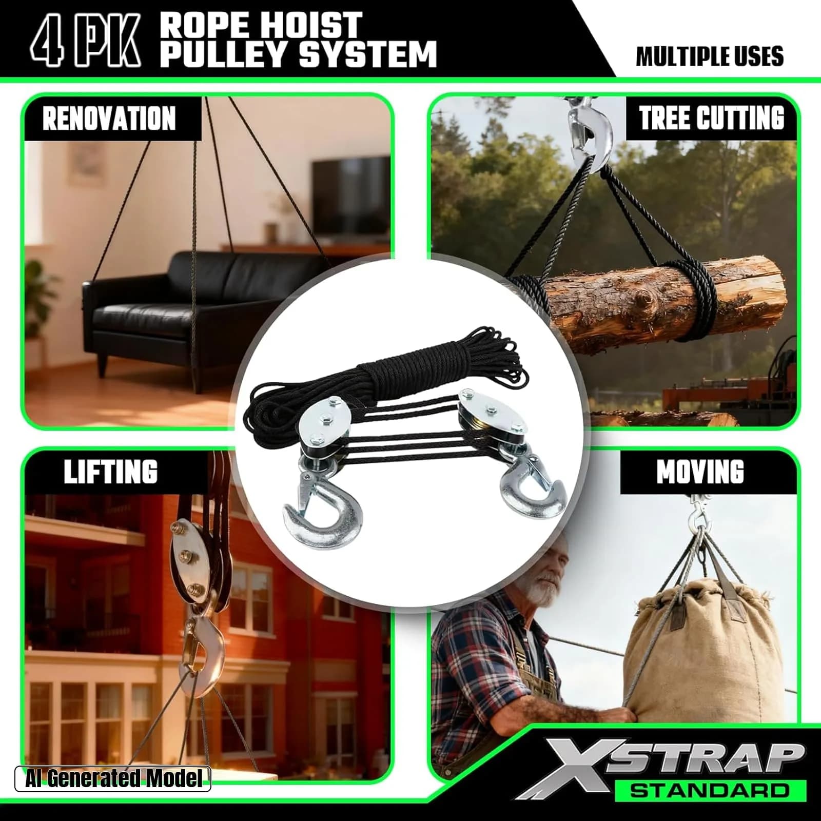 XSTRAP STANDARD Heavy-Duty Rope Hoist 50 ft (15.24 m) | 1000 lb Load Capacity, 2000 lb Breaking Strength - view 2