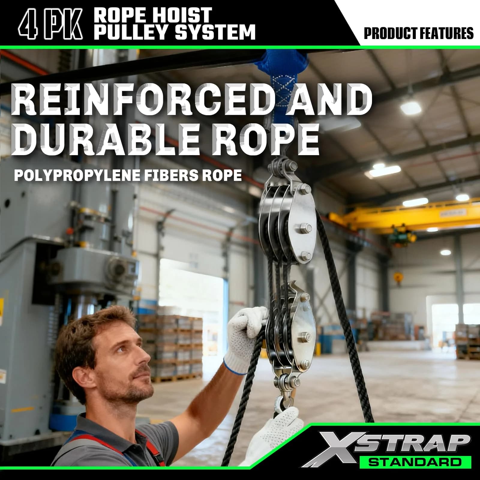 XSTRAP STANDARD Heavy-Duty Rope Hoist 50 ft (15.24 m) | 1000 lb Load Capacity, 2000 lb Breaking Strength - view 3
