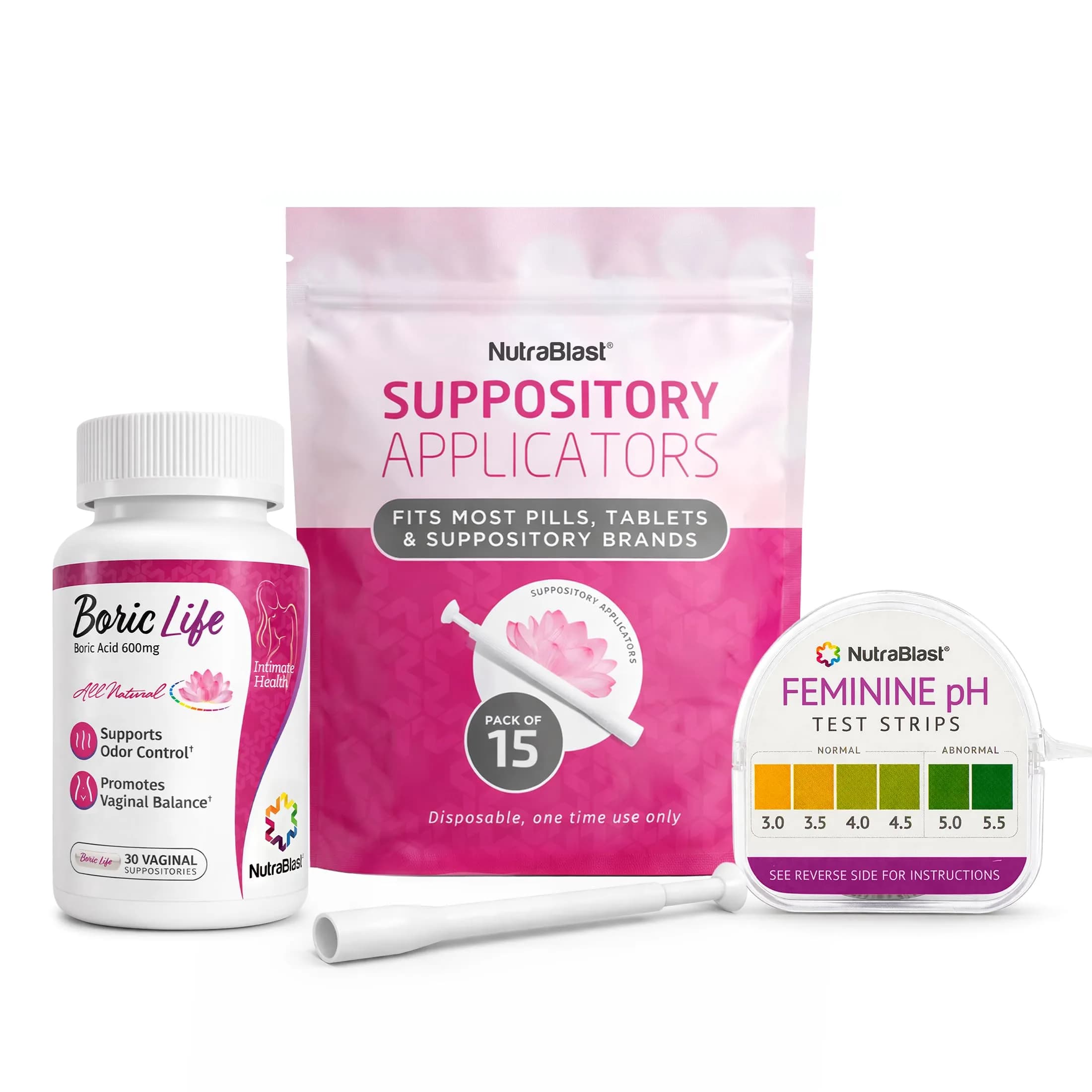 NutraBlast Boric Acid Suppositories 600mg (30 Count) | Vaginal pH Test Strips & Applicators — NUTBL-PL1000+PL1002+PL1004-COMBO-FBA
