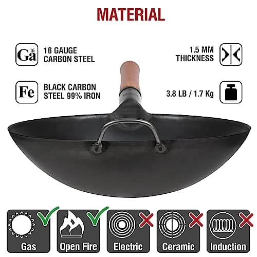 YOSUKATA 14" Black Carbon Steel Wok with Round Bottom | Authentic Pre-Seasoned Stir Fry Pan thumbnail 5