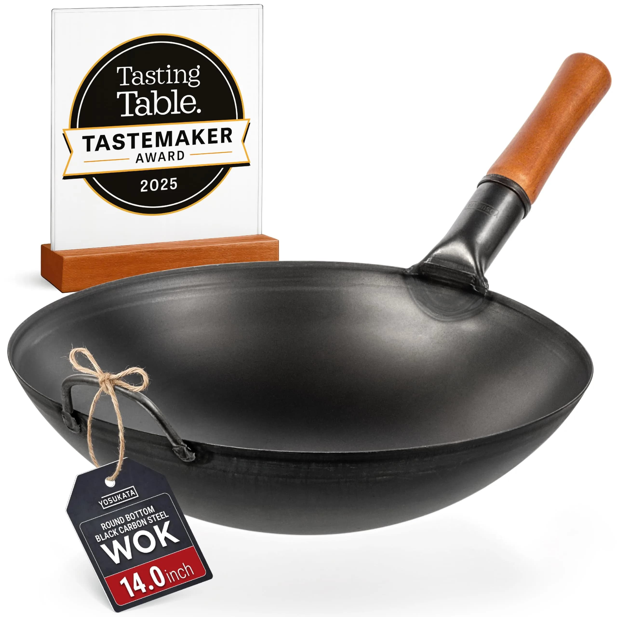 YOSUKATA 14" Black Carbon Steel Wok with Round Bottom | Authentic Pre-Seasoned Stir Fry Pan