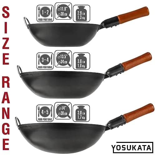 YOSUKATA 14" Black Carbon Steel Wok with Round Bottom | Authentic Pre-Seasoned Stir Fry Pan thumbnail 8