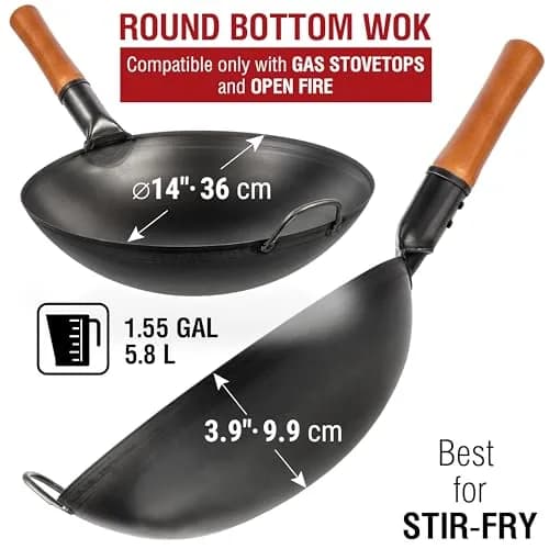 YOSUKATA 14" Black Carbon Steel Wok with Round Bottom | Authentic Pre-Seasoned Stir Fry Pan thumbnail 2