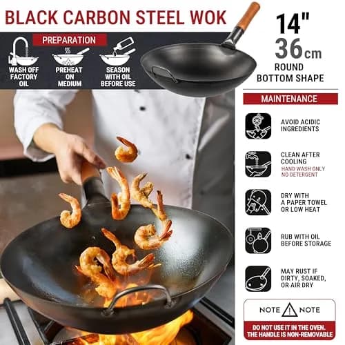 YOSUKATA 14" Black Carbon Steel Wok with Round Bottom | Authentic Pre-Seasoned Stir Fry Pan thumbnail 3