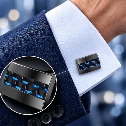 Mr.Van Men's Gunmetal Blue Carbon Fiber Cufflinks 18x12mm | Modern Industrial Elegance thumbnail 2