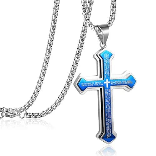 Rehoboth Men's Stainless Steel Nail Lord's Prayer Cross Pendant Necklace 3.0" x 1.6" | Big Pendant & Strong Chain thumbnail 1
