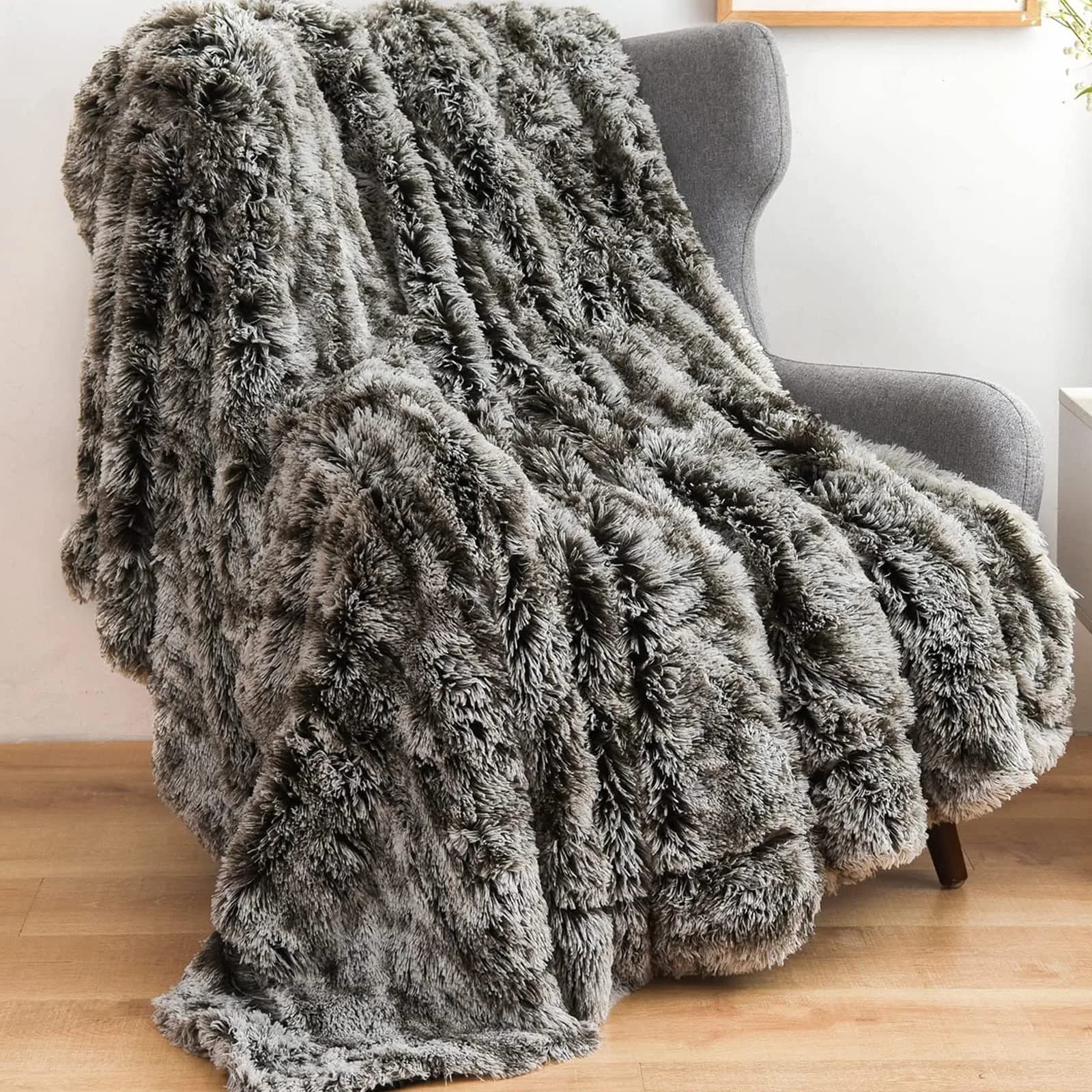 GONAAP Fuzzy Faux Fur Throw Blanket for Couch, Frosty Black, 50"x60" | Cozy & Elegant for All Seasons