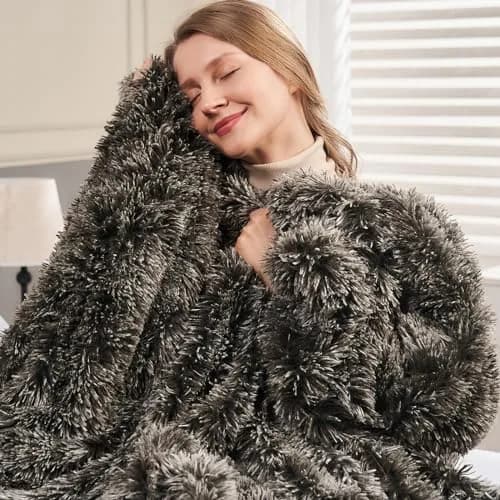 GONAAP Fuzzy Faux Fur Throw Blanket for Couch, Frosty Black, 50"x60" | Cozy & Elegant for All Seasons thumbnail 3