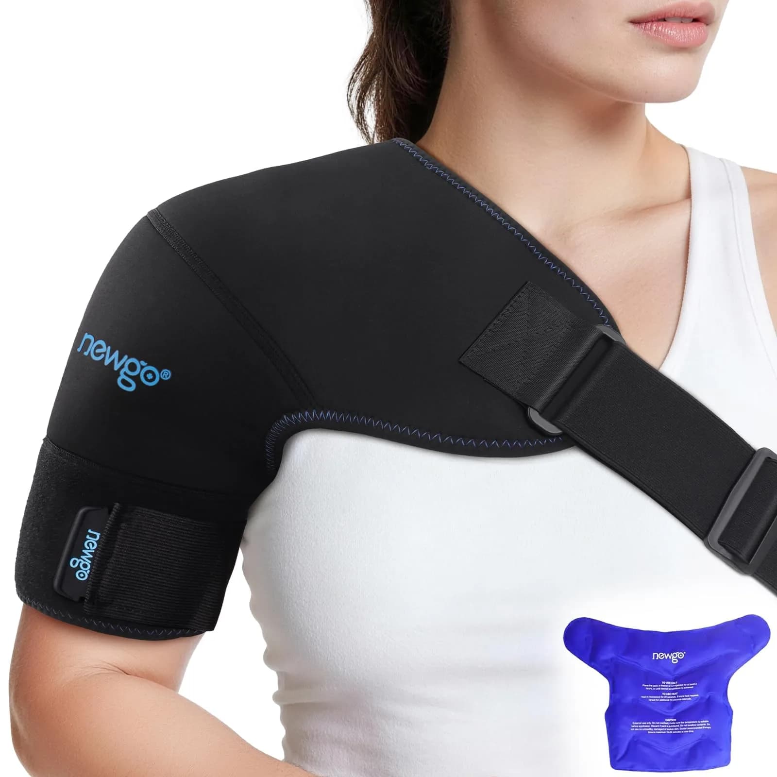 NEWGO Shoulder Ice Pack Wrap with Compression for Both Shoulders, 640g (1.4 lb) | Rotator Cuff Recovery & Post-Surgery Pain Relief — Medium-Black