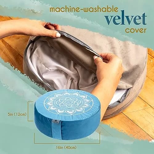 Florensi Meditation Cushion Grey Velvet Buckwheat Round Yoga Floor Seat | Supportive & Stylish (70-120 chars) thumbnail 6