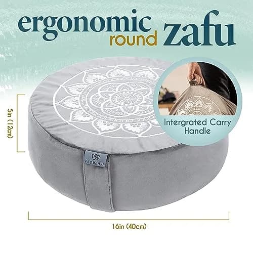 Florensi Meditation Cushion Grey Velvet Buckwheat Round Yoga Floor Seat | Supportive & Stylish (70-120 chars) thumbnail 2