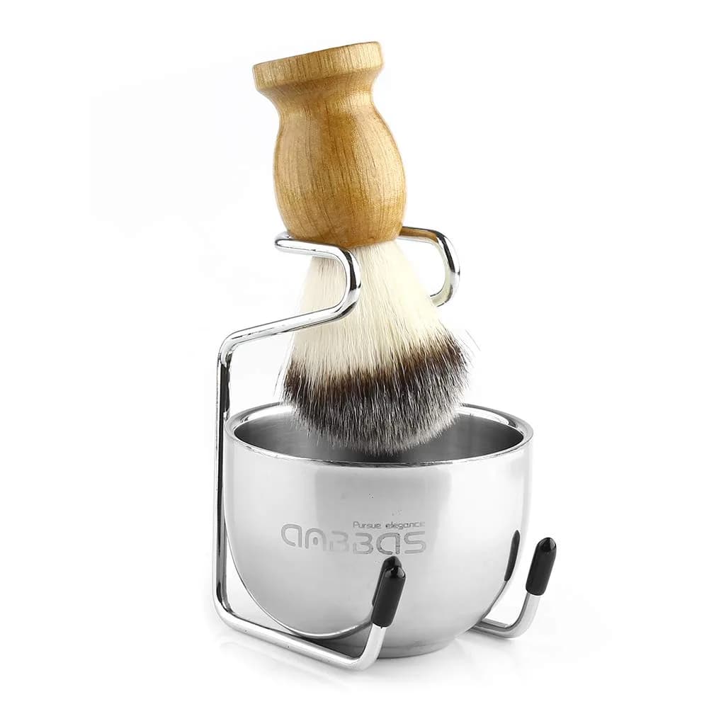 Anbbas 3-in-1 Shaving Brush Set with Synthetic Badger Hair Wood Handle, Stainless Steel Stand and Bowl | Perfect for Traditional Wet Shave