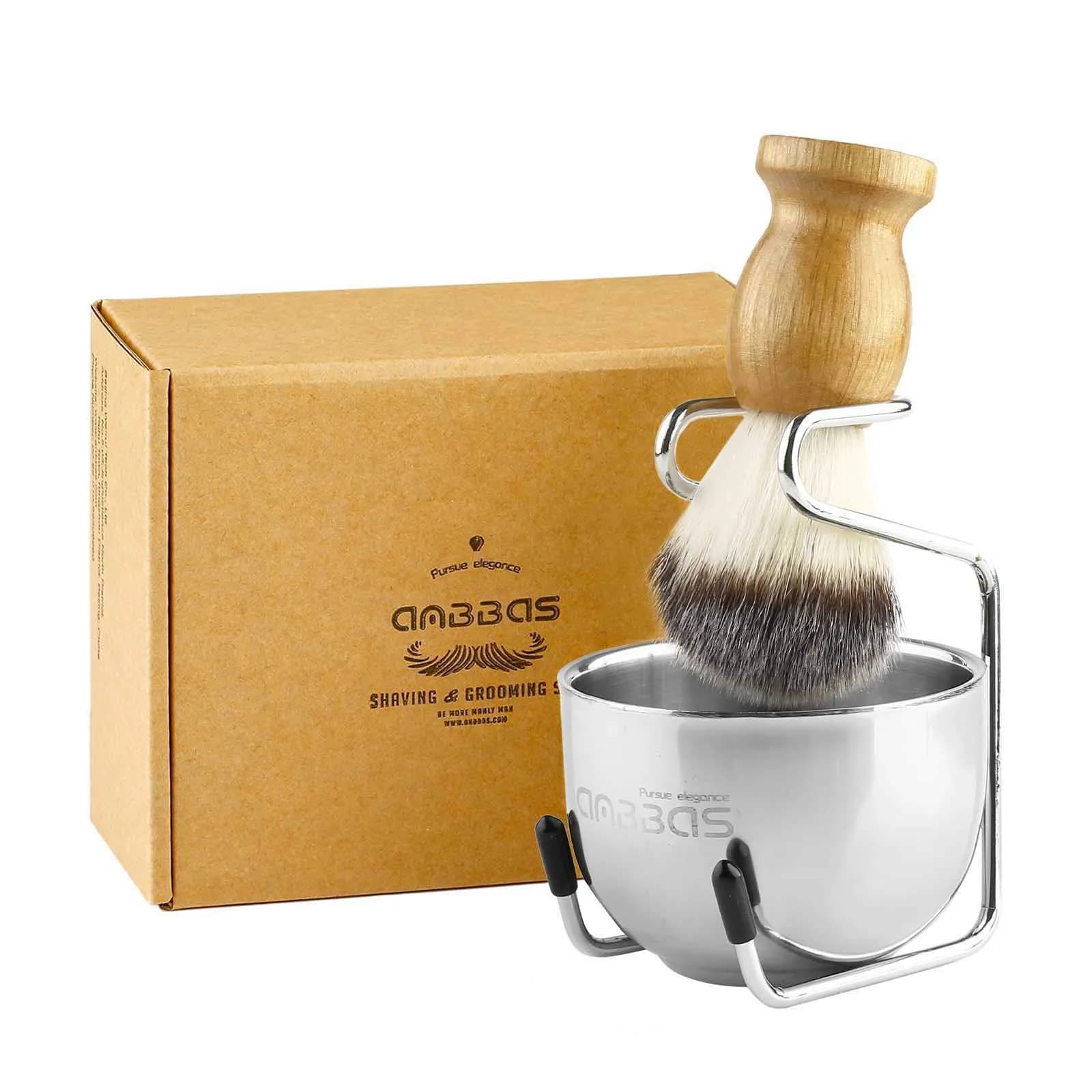 Anbbas 3-in-1 Shaving Brush Set with Synthetic Badger Hair Wood Handle, Stainless Steel Stand and Bowl | Perfect for Traditional Wet Shave - view 7