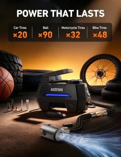 AstroAI AIRUN H Tire Inflator Portable Air Compressor 12V DC 35L/min | Fast Inflation for Car, Motorcycle, Bike Tires thumbnail 4