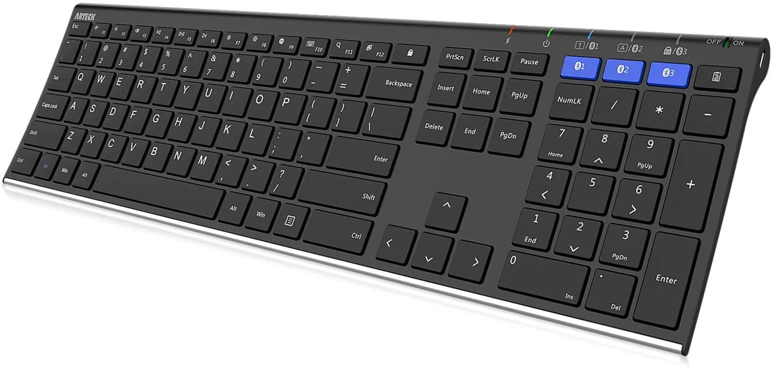 Arteck HB192 Universal Bluetooth Keyboard Stainless Steel Full Size Wireless Keyboard for Windows iOS Android | 16.9 x 4.9 x 0.6 inches — Stainless Steel