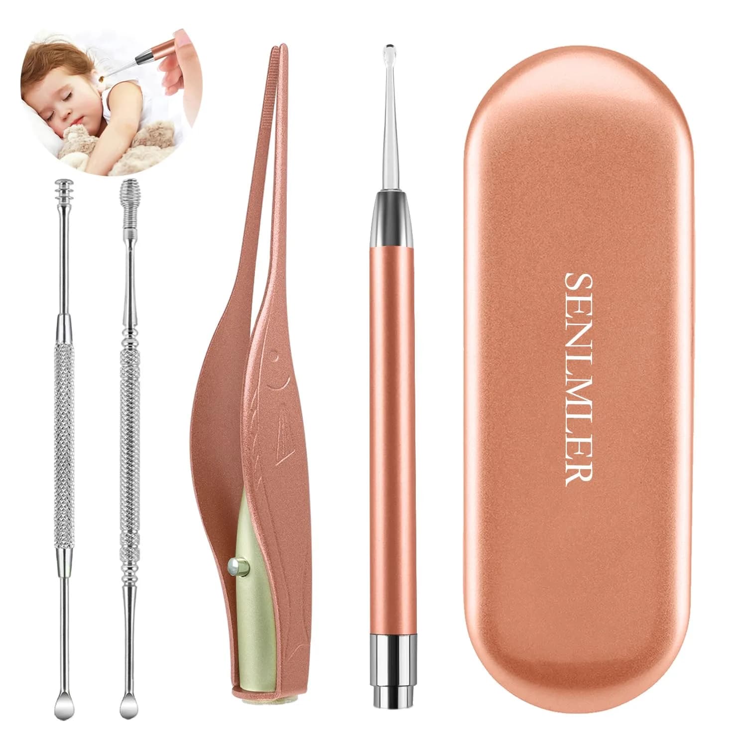 SENLMLER 4 Pack Ear Pick with Light | Safe Ear Wax Removal Kit for Kids & Adults — Rose Gold