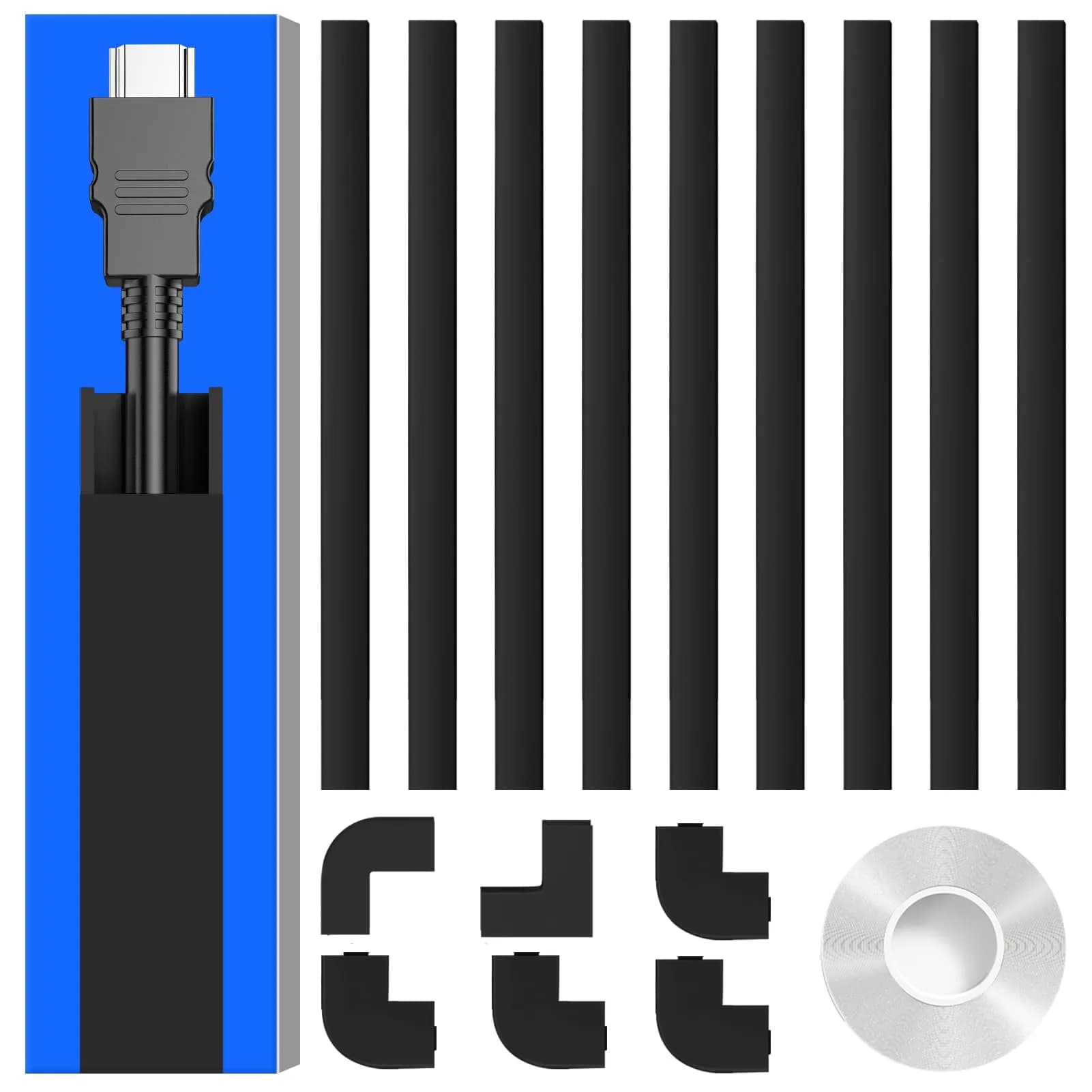 Delamu Black Cord Hider 142in (118.3cm) Total Length | Snap-on Design Cable Raceway for Single Wire