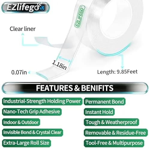 EZlifego Heavy Duty Nano Mounting Tape 9.85FT (2.99m) | Strong Hold, Weatherproof, Removable thumbnail 2