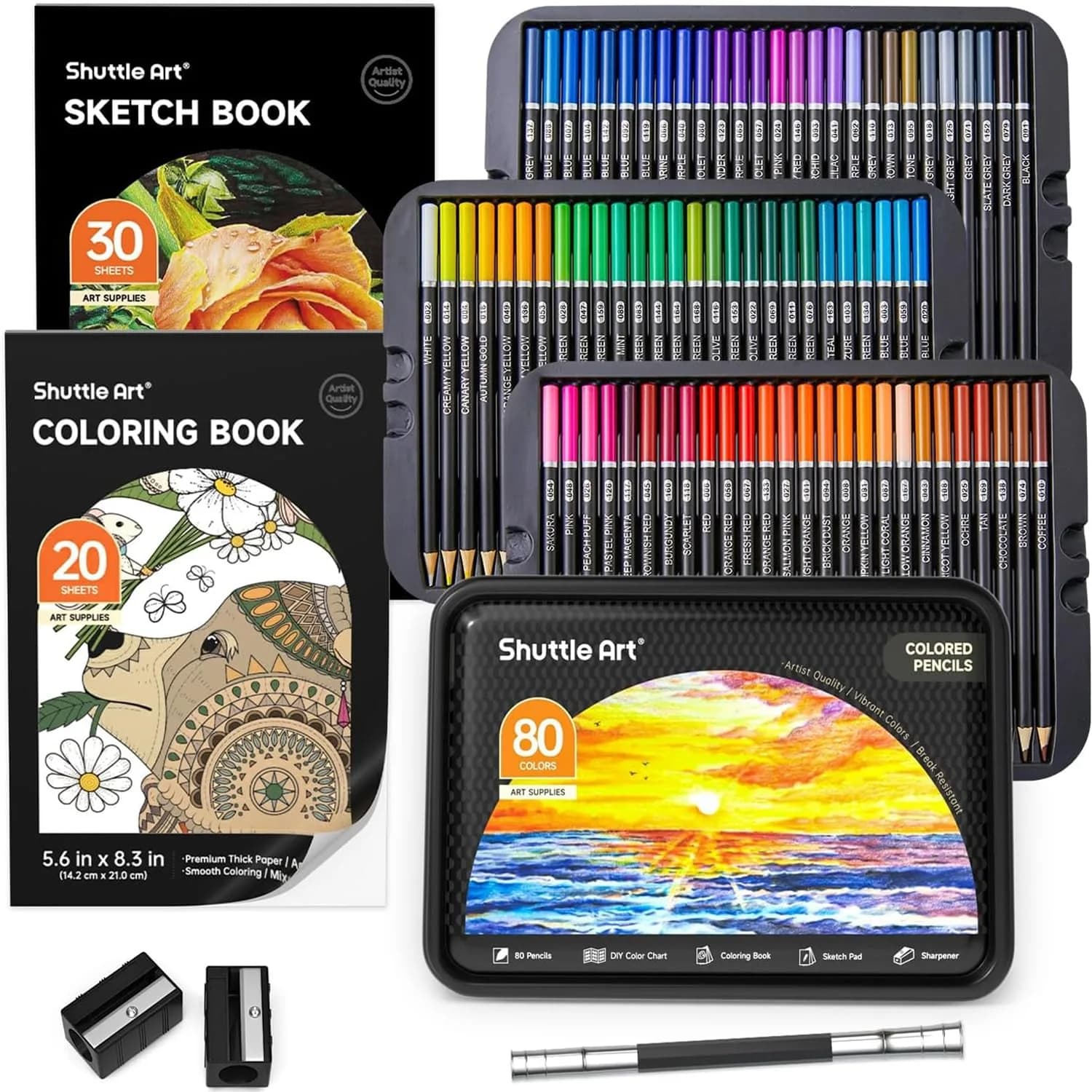 Shuttle Art 138 Colored Pencils Set with Sketch Pad & Book | Vibrant, Break-Resistant, Perfect for Artists & Kids — 80 Colors Gift Set